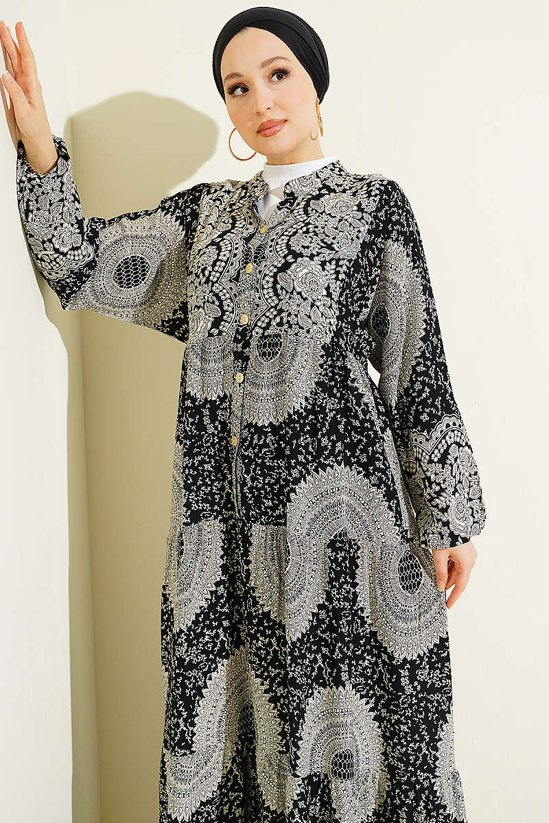 Etnik Motif Desen Hakim Yaka Elbise Siyah
