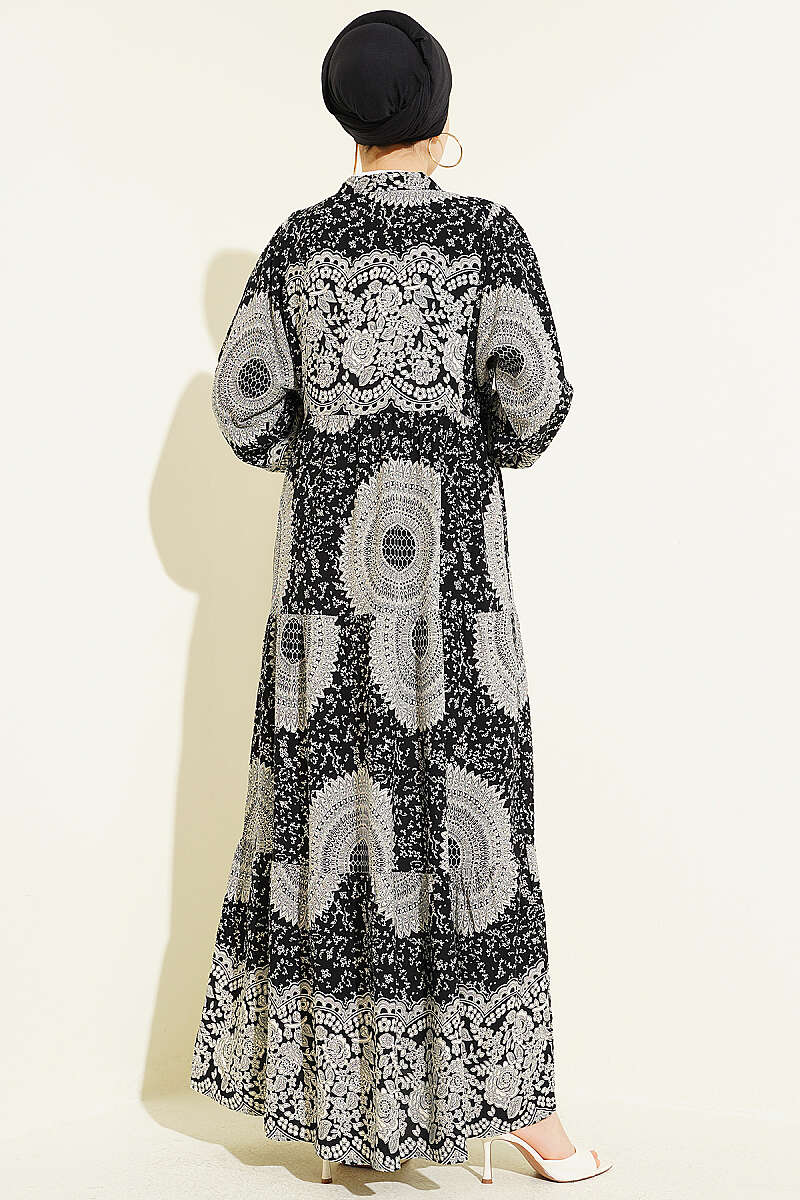 Etnik Motif Desen Hakim Yaka Elbise Siyah