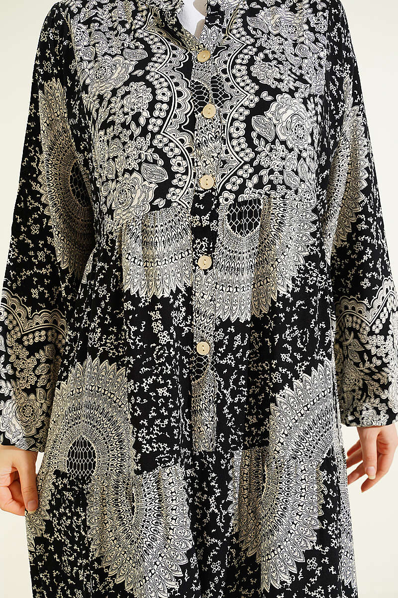 Etnik Motif Desen Hakim Yaka Elbise Siyah