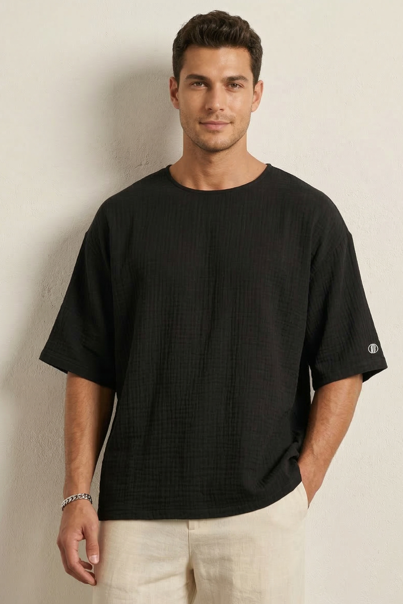 Fakir Kol Müslin Erkek Oversize T-shirt Siyah