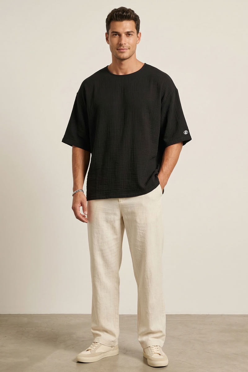 Fakir Kol Müslin Erkek Oversize T-shirt Siyah