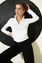 Fermuarlı Cepli Crop Hırka