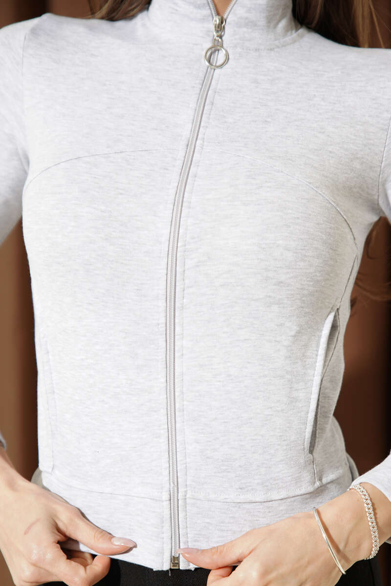 Fermuarlı Cepli Crop Hırka Gri