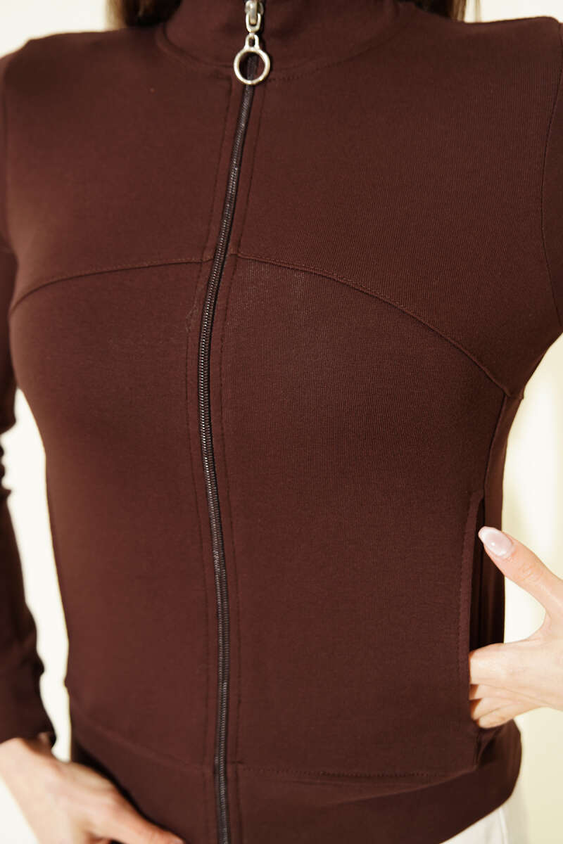 Fermuarlı Cepli Crop Hırka
