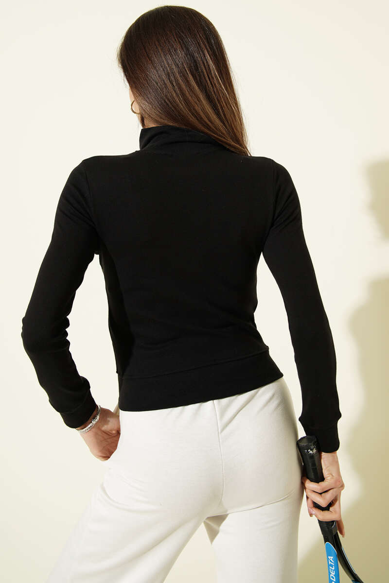 Fermuarlı Cepli Crop Hırka Siyah