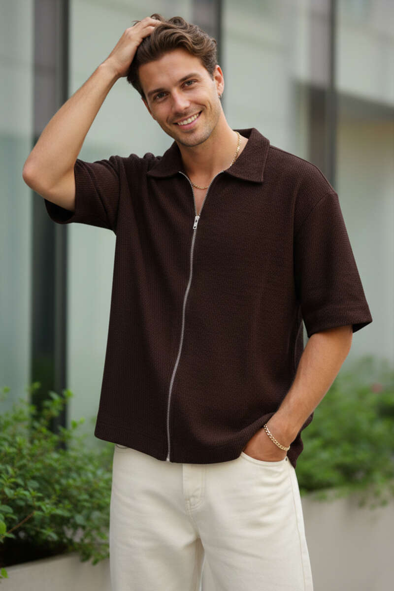 Fermuarlı Detaylı Kısa Kol Gömlek