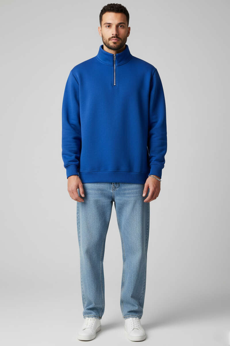 Fermuarlı Dik Yaka Üç İplik Sweatshirt