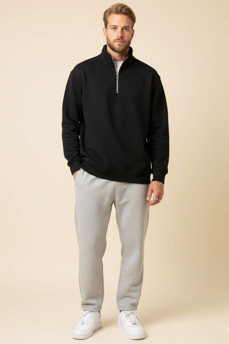 Fermuarlı Dik Yaka Üç İplik Sweatshirt