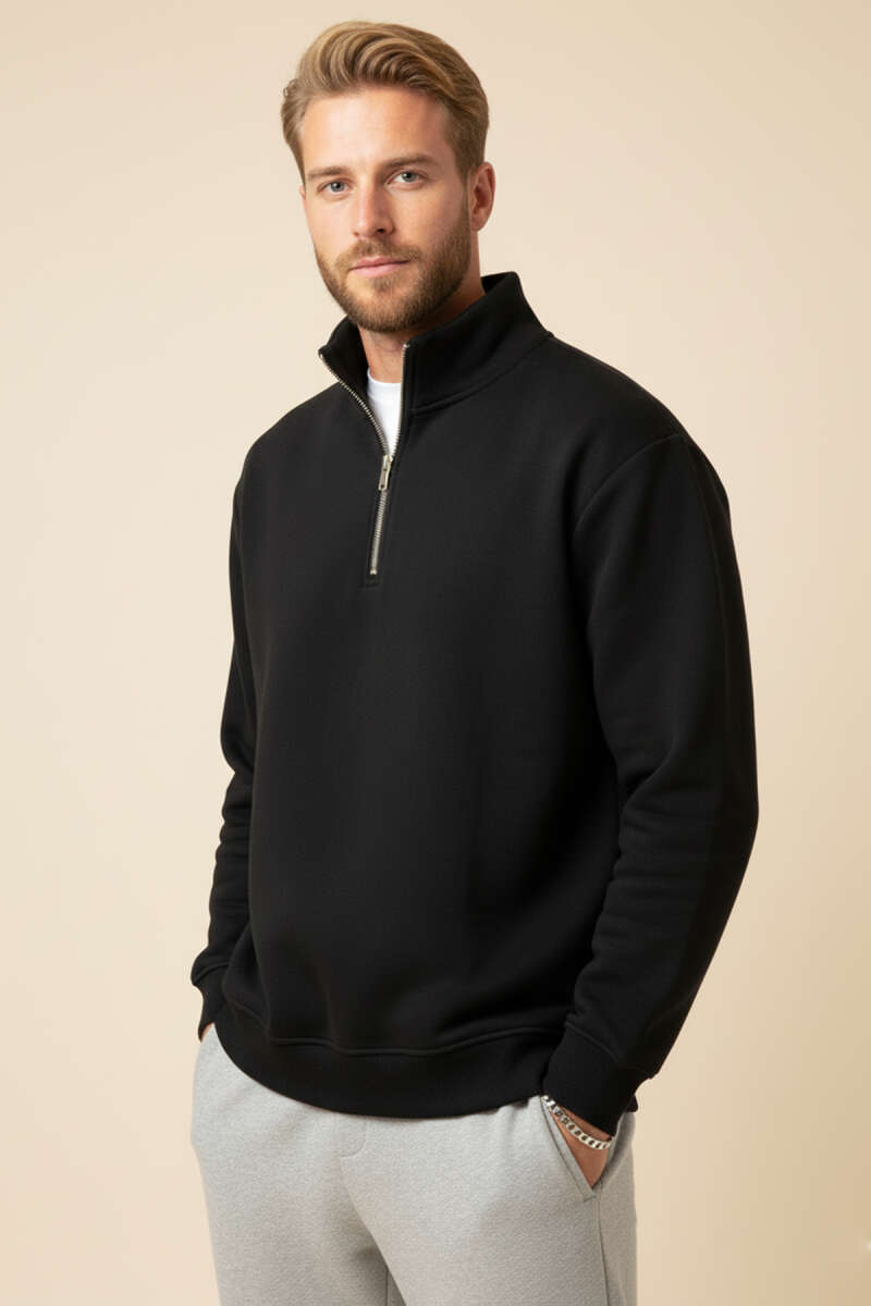 Fermuarlı Dik Yaka Üç İplik Sweatshirt