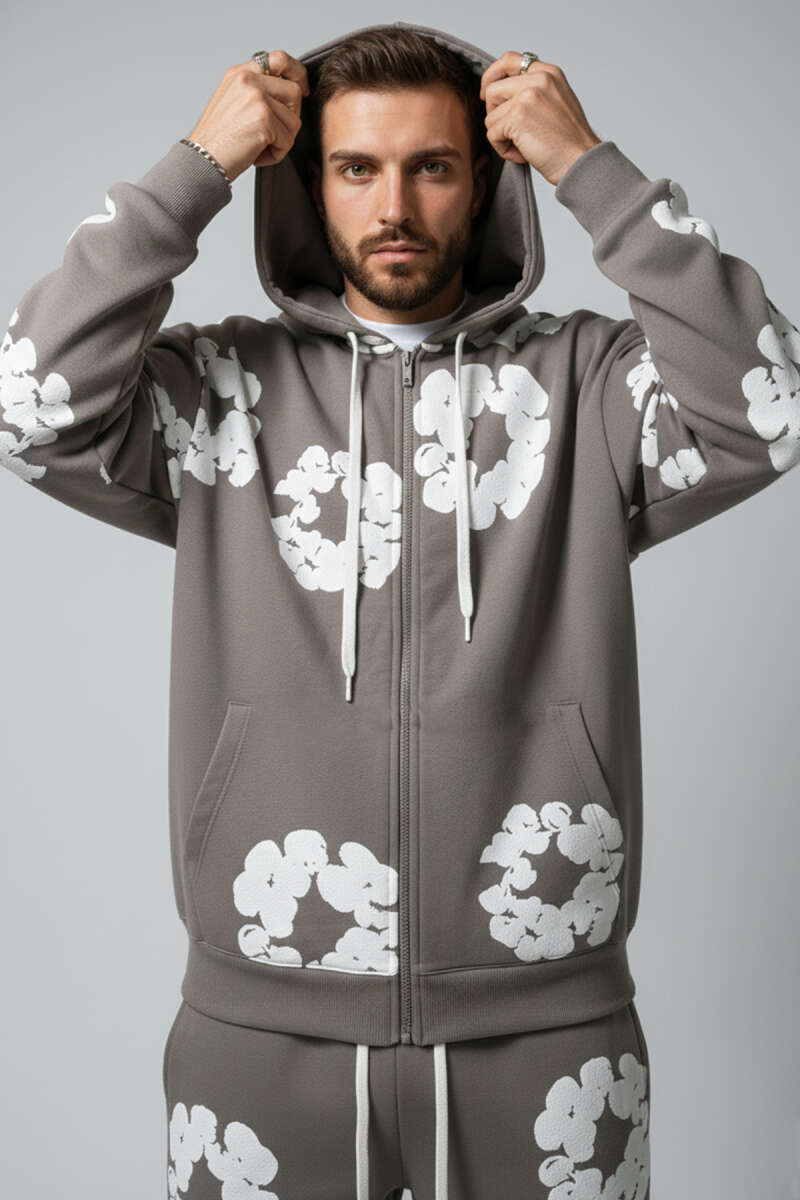 Fermuarlı Kabartma Baskı Erkek Sweatshirt