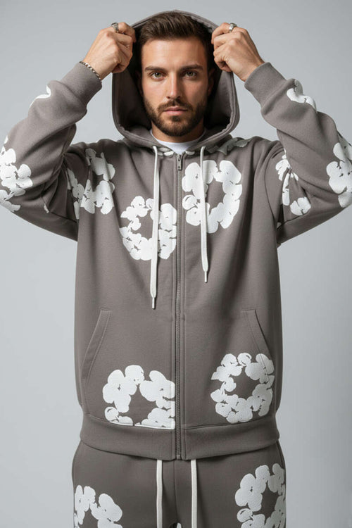 Fermuarlı Kabartma Baskı Erkek Sweatshirt