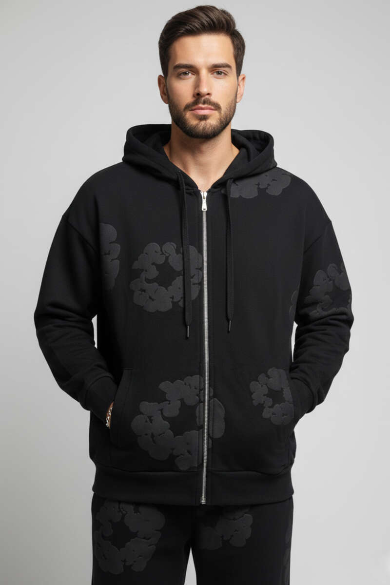 Fermuarlı Kabartma Baskı Erkek Sweatshirt