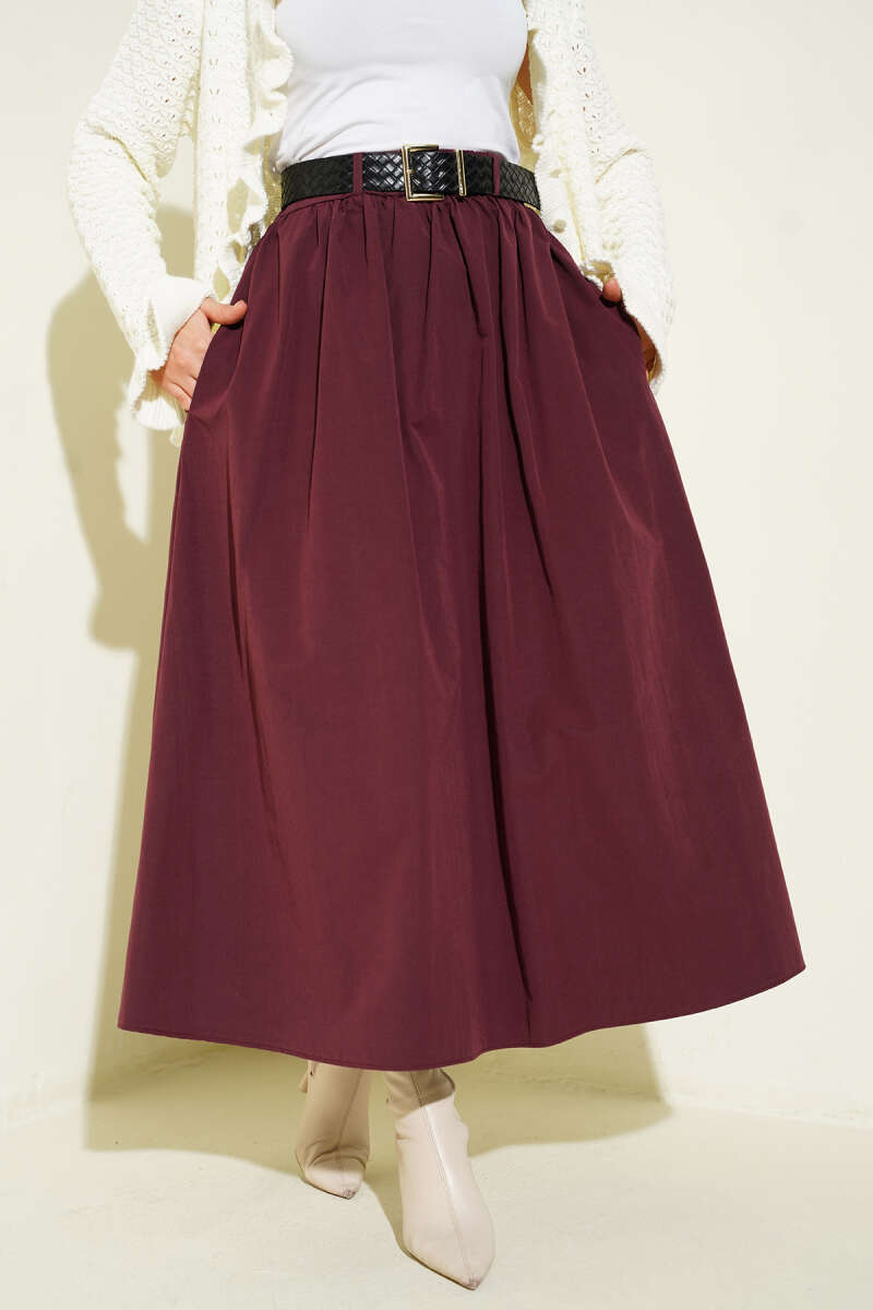 Fermuarlı Kemerli Poplin Etek