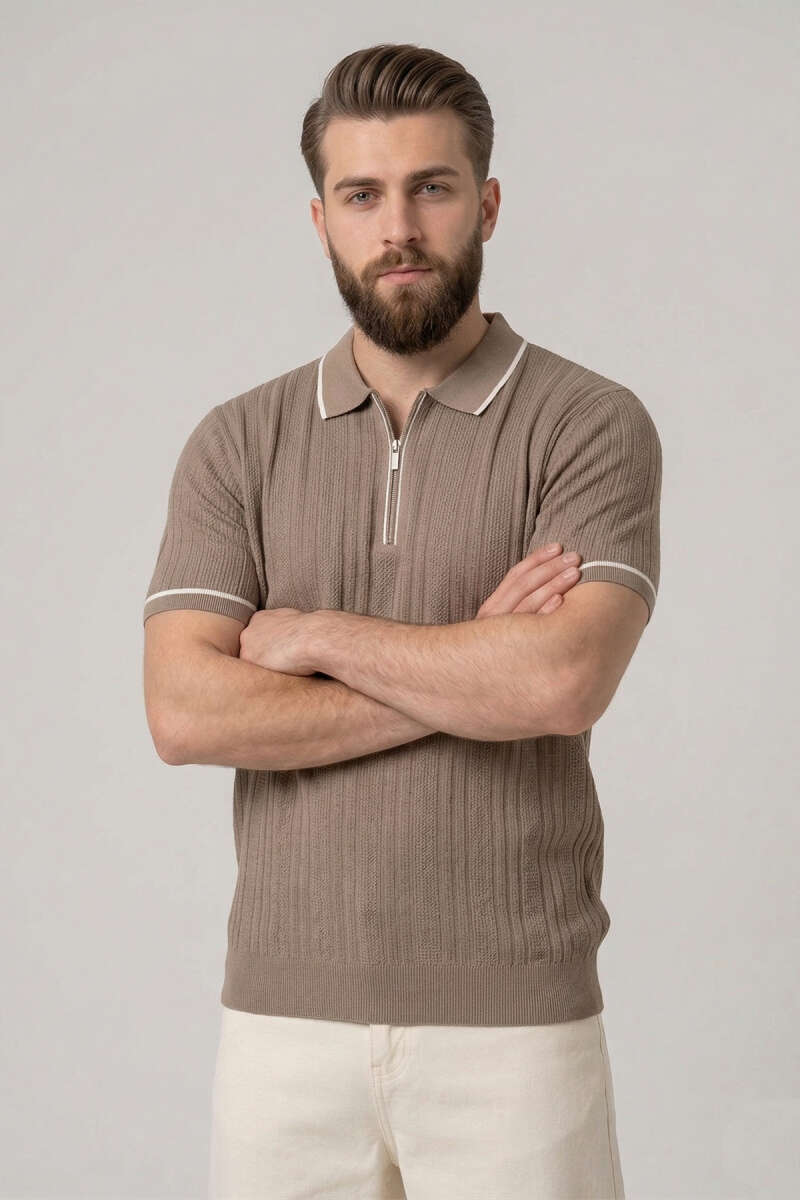 Fermuarlı Merserize T-shirt Açık Kahve