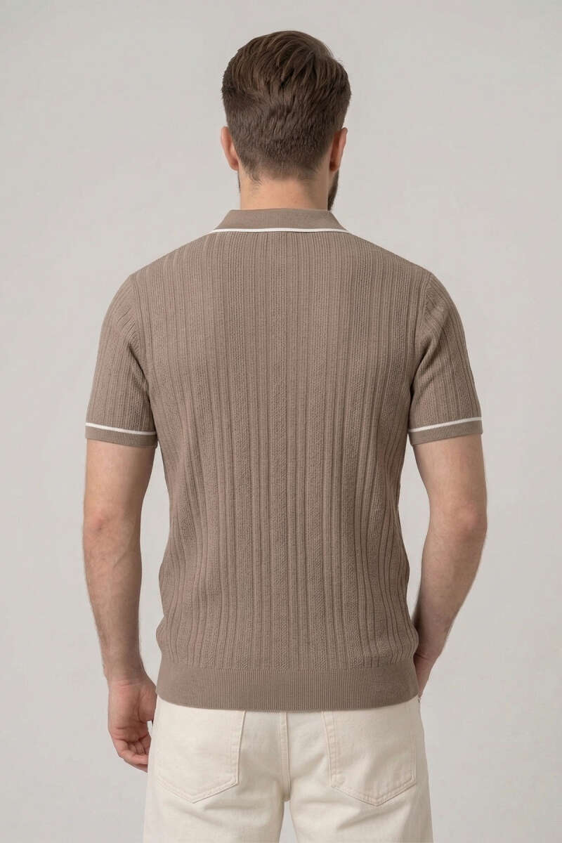 Fermuarlı Merserize T-shirt Açık Kahve