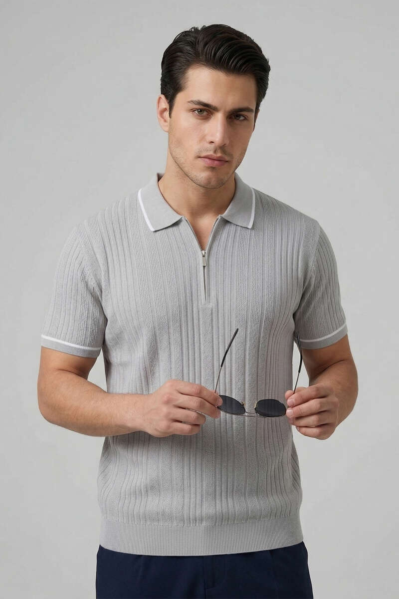 Fermuarlı Merserize T-shirt Gri