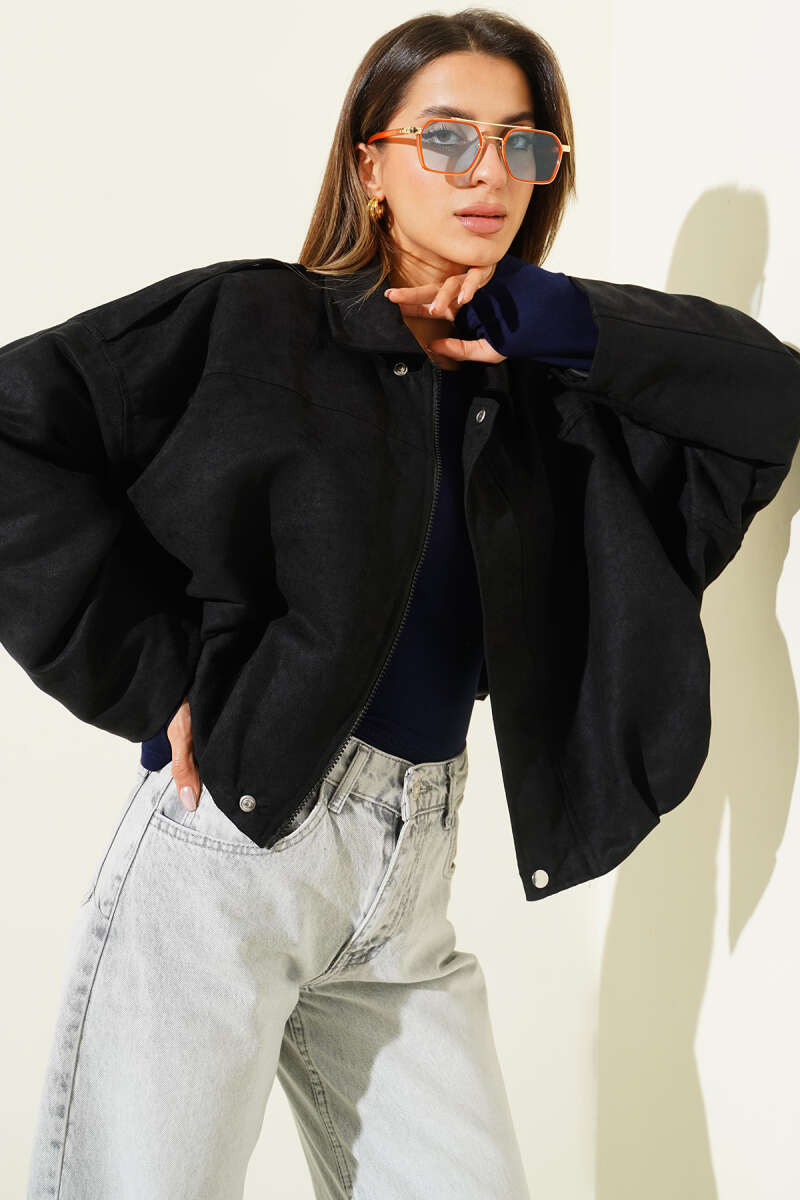Fermuarlı Oversize Kısa Süet Ceket