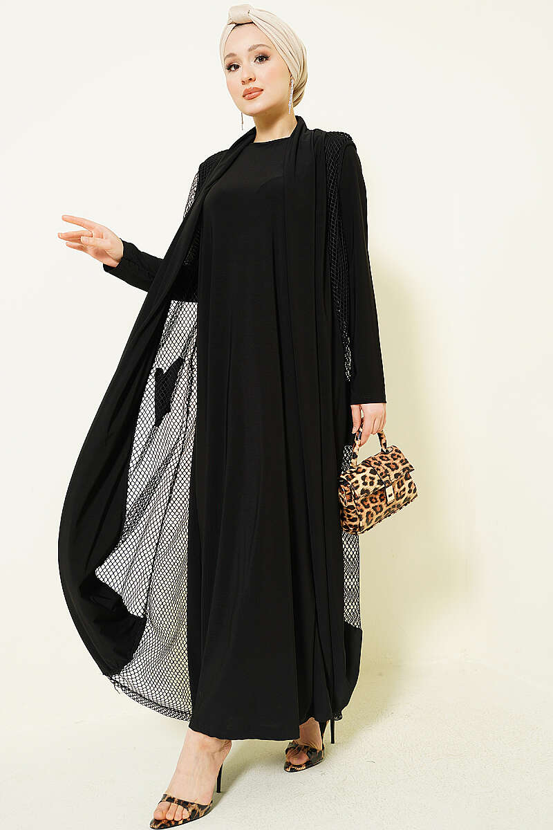 Fileli Detaylı Abaya Siyah