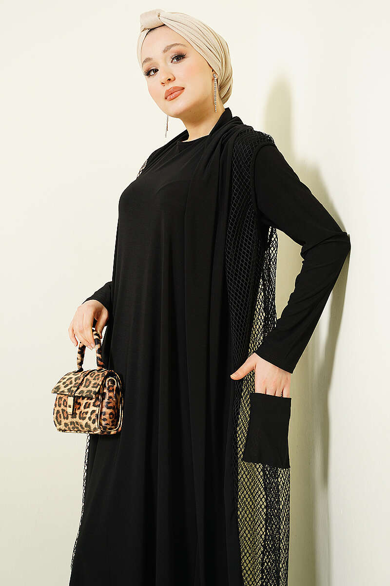 Fileli Detaylı Abaya Siyah