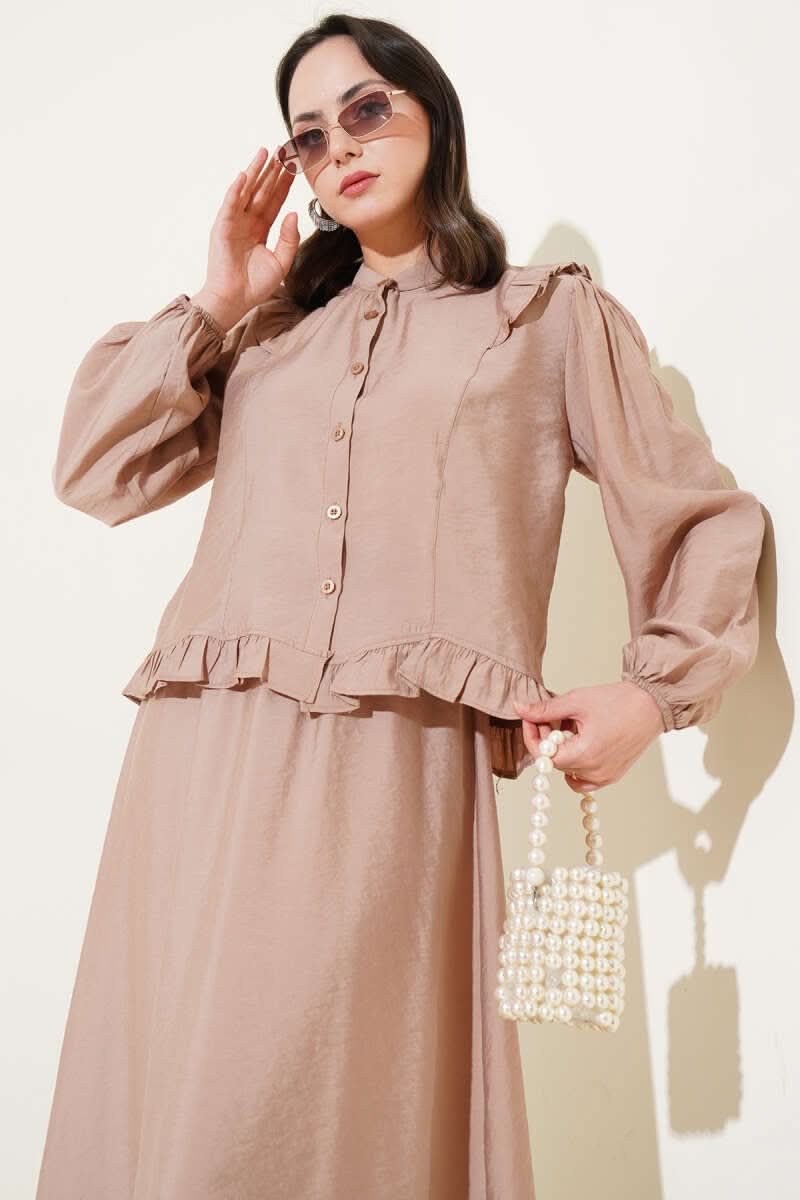 Fırfırlı Düğmeli Etekli İkili Takım