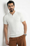 Fitilli Açık Polo Yaka Erkek Triko T-shirt