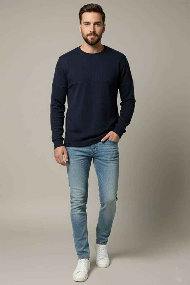 Fitilli Dikiş Detaylı Erkek Sweatshirt Lacivert