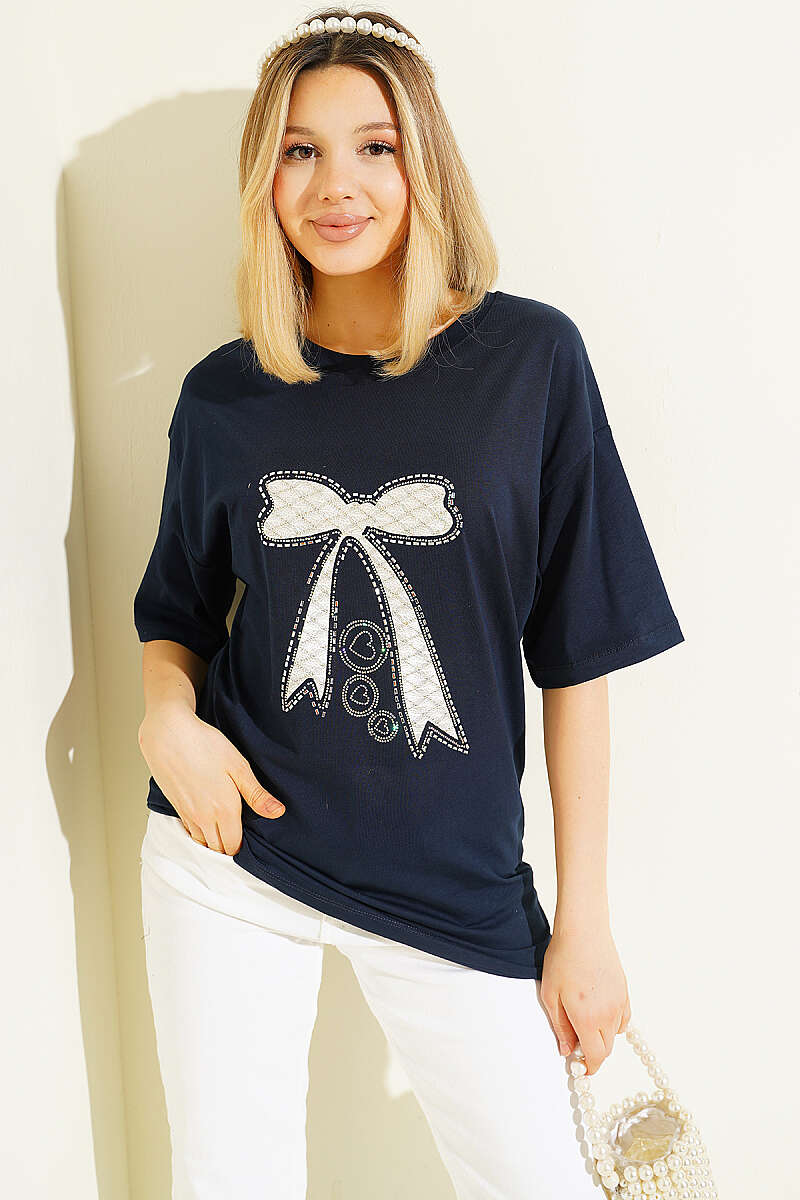 Fiyonk Baskılı Mini Taşlı T-shirt Lacivert