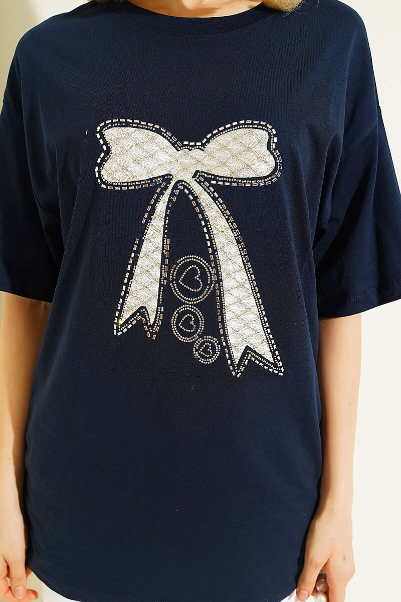 Fiyonk Baskılı Mini Taşlı T-shirt Lacivert