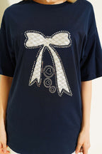 Fiyonk Baskılı Mini Taşlı T-shirt Lacivert