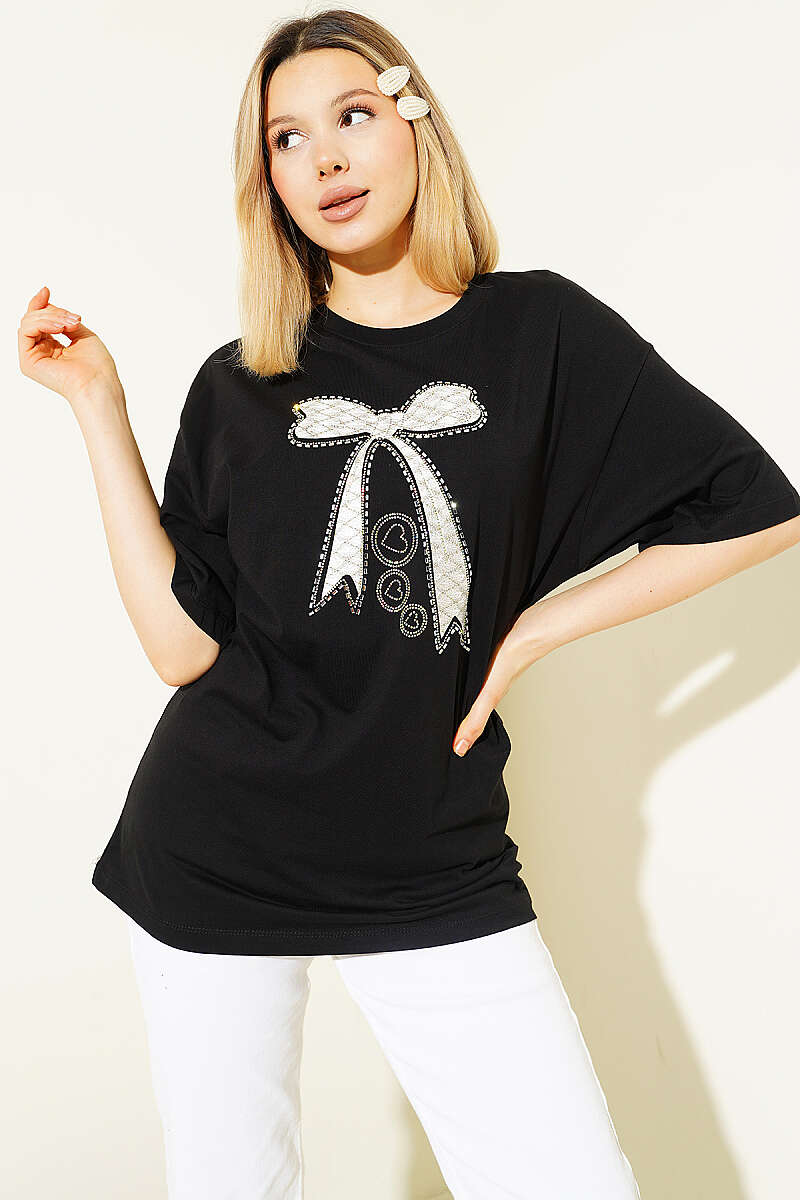 Fiyonk Baskılı Mini Taşlı T-shirt Siyah