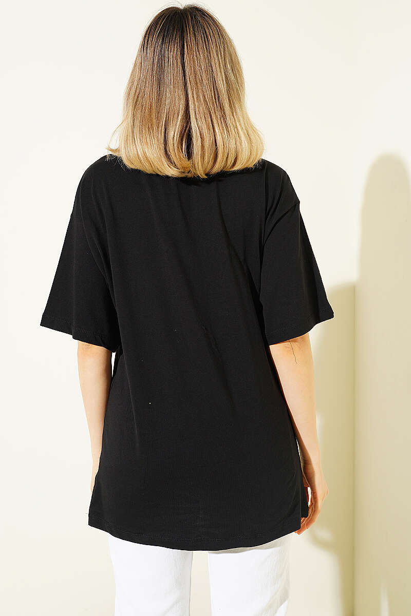 Fiyonk Baskılı Mini Taşlı T-shirt Siyah