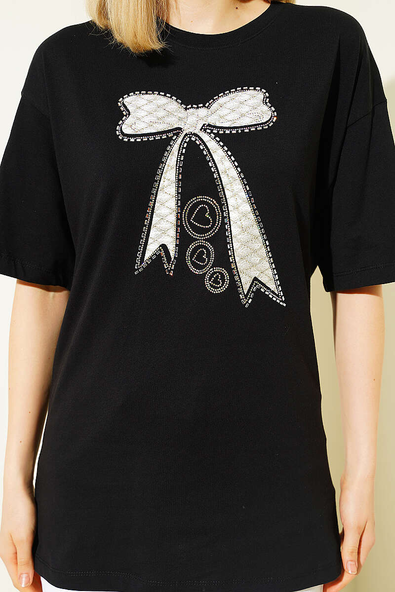 Fiyonk Baskılı Mini Taşlı T-shirt Siyah