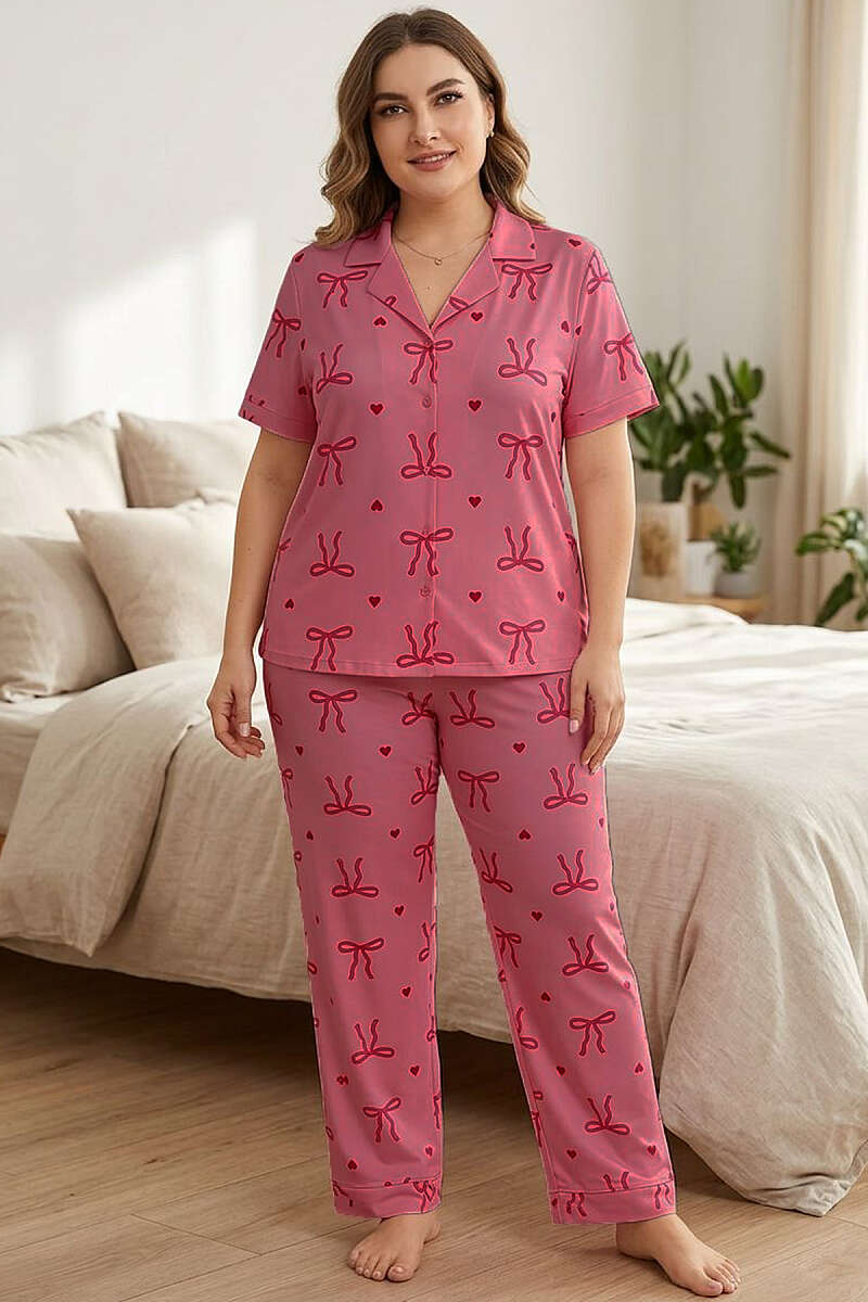 Fiyonk Detaylı Büyük Beden Kısa Kol Pijama Takımı