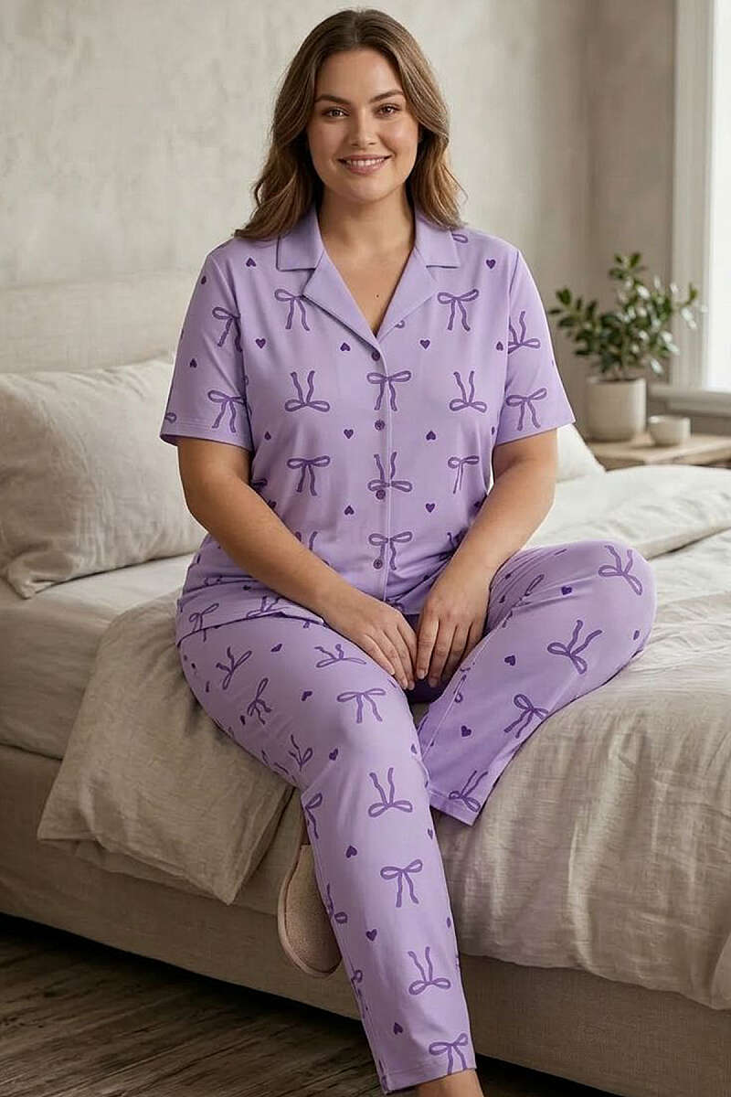 Fiyonk Detaylı Büyük Beden Kısa Kol Pijama Takımı Lila