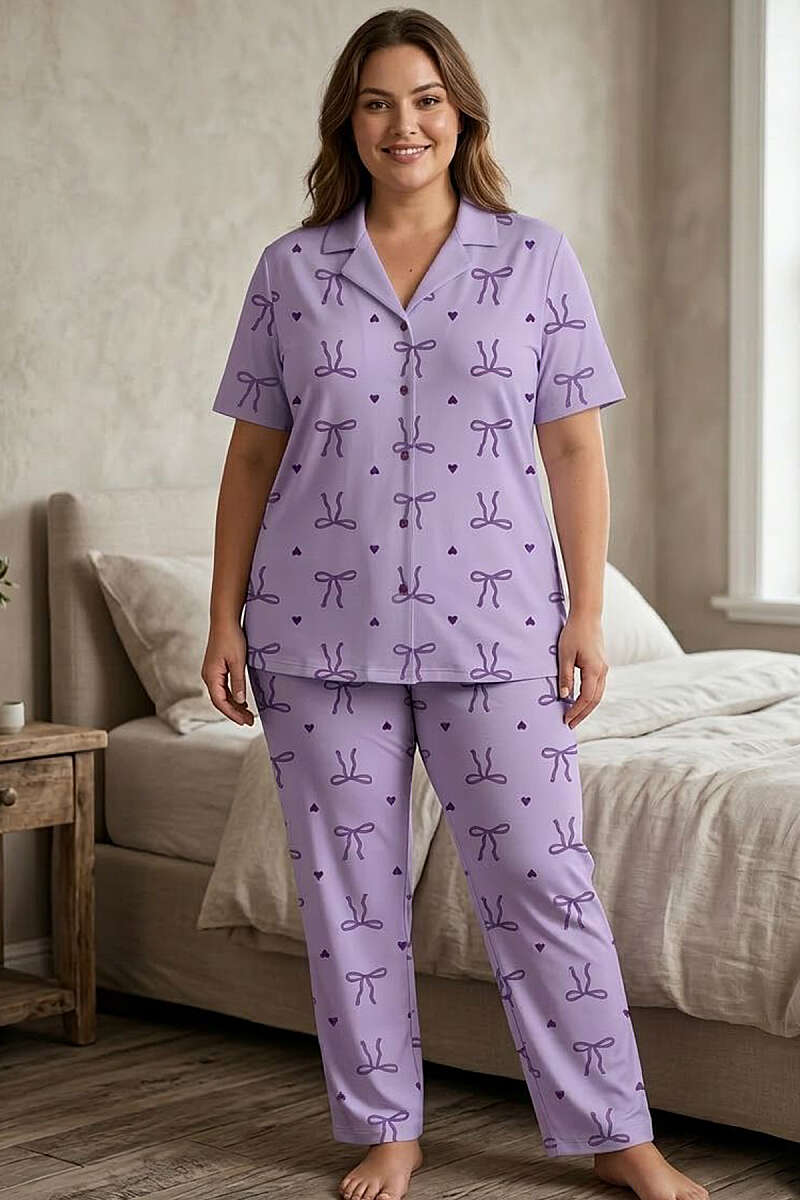 Fiyonk Detaylı Büyük Beden Kısa Kol Pijama Takımı Lila