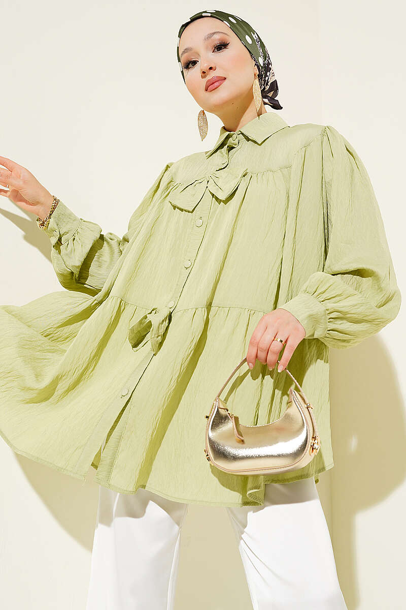 Fiyonk Detaylı Oversize Gömlek Çağla Yeşili