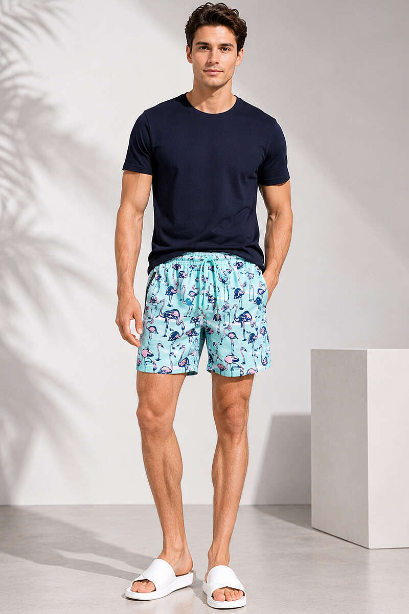 Flamingo Desen Erkek Deniz Şortu Yeşil