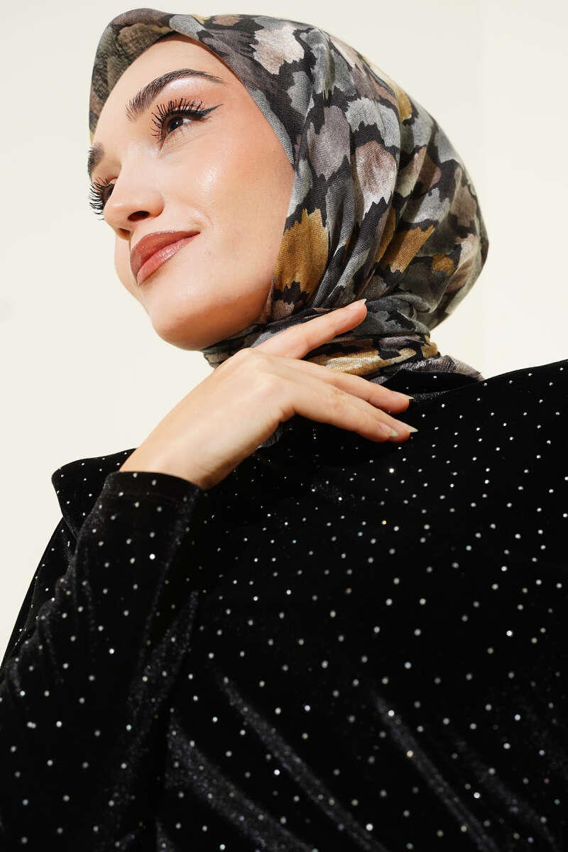 Flamlı Ebruli Desenli Eşarp