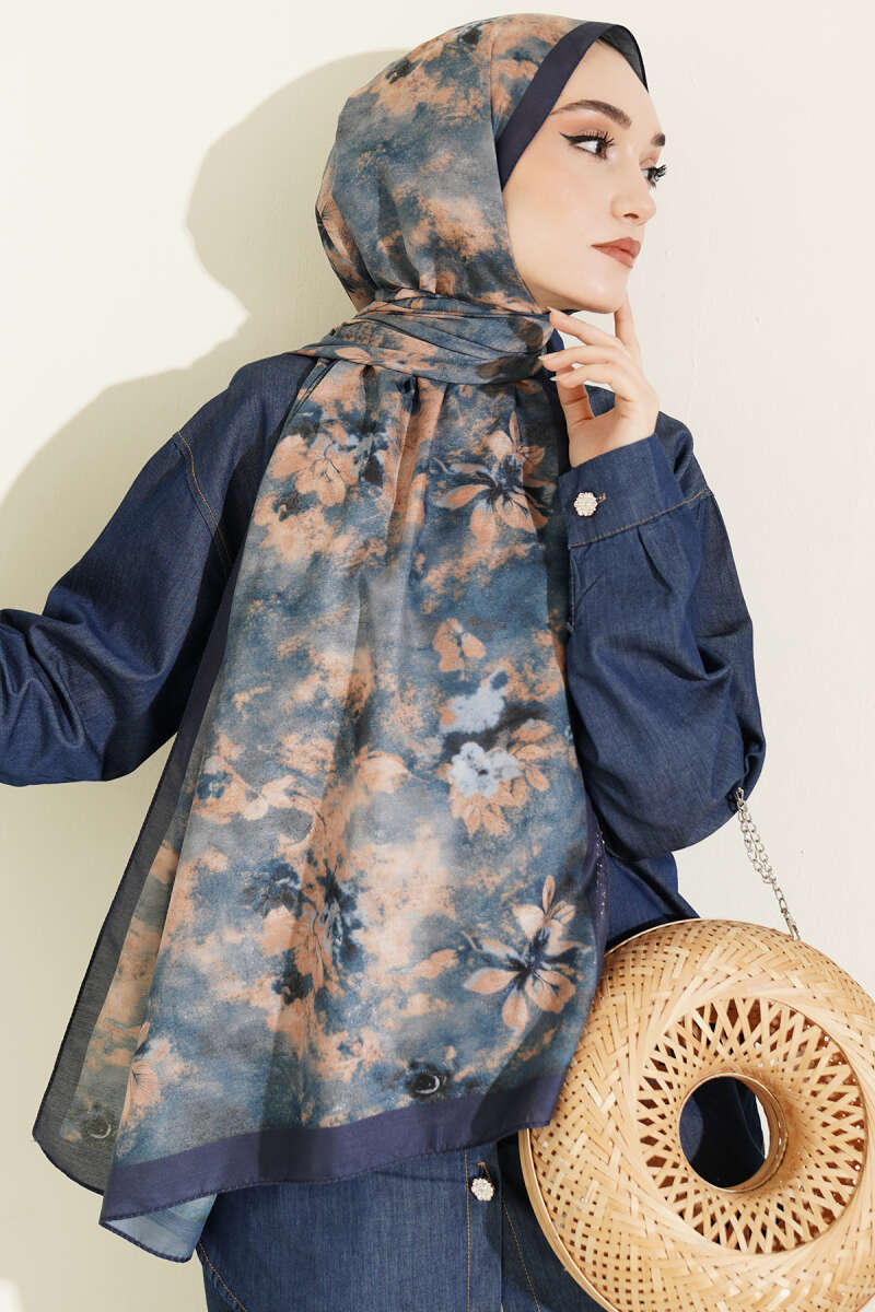 Floral Batik Desen Şal Lacivert