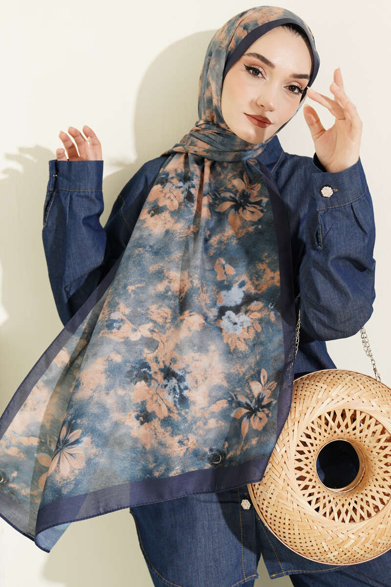 Floral Batik Desen Şal Lacivert
