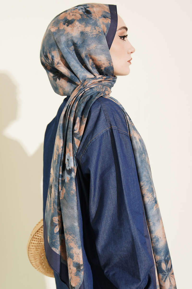 Floral Batik Desen Şal Lacivert