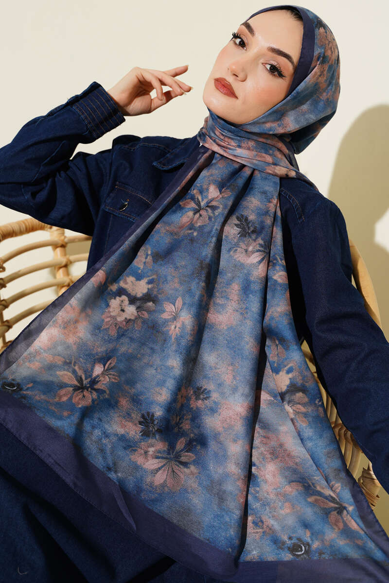 Floral Batik Desen Şal Mavi