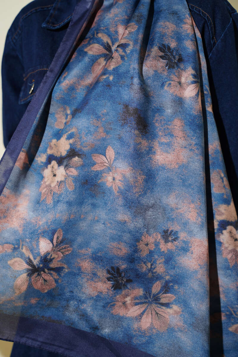 Floral Batik Desen Şal Mavi