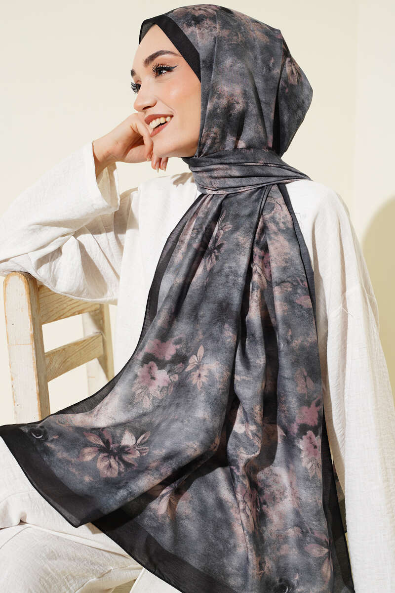 Floral Batik Desen Şal Siyah Bej