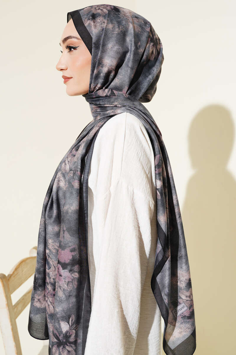 Floral Batik Desen Şal Siyah Bej