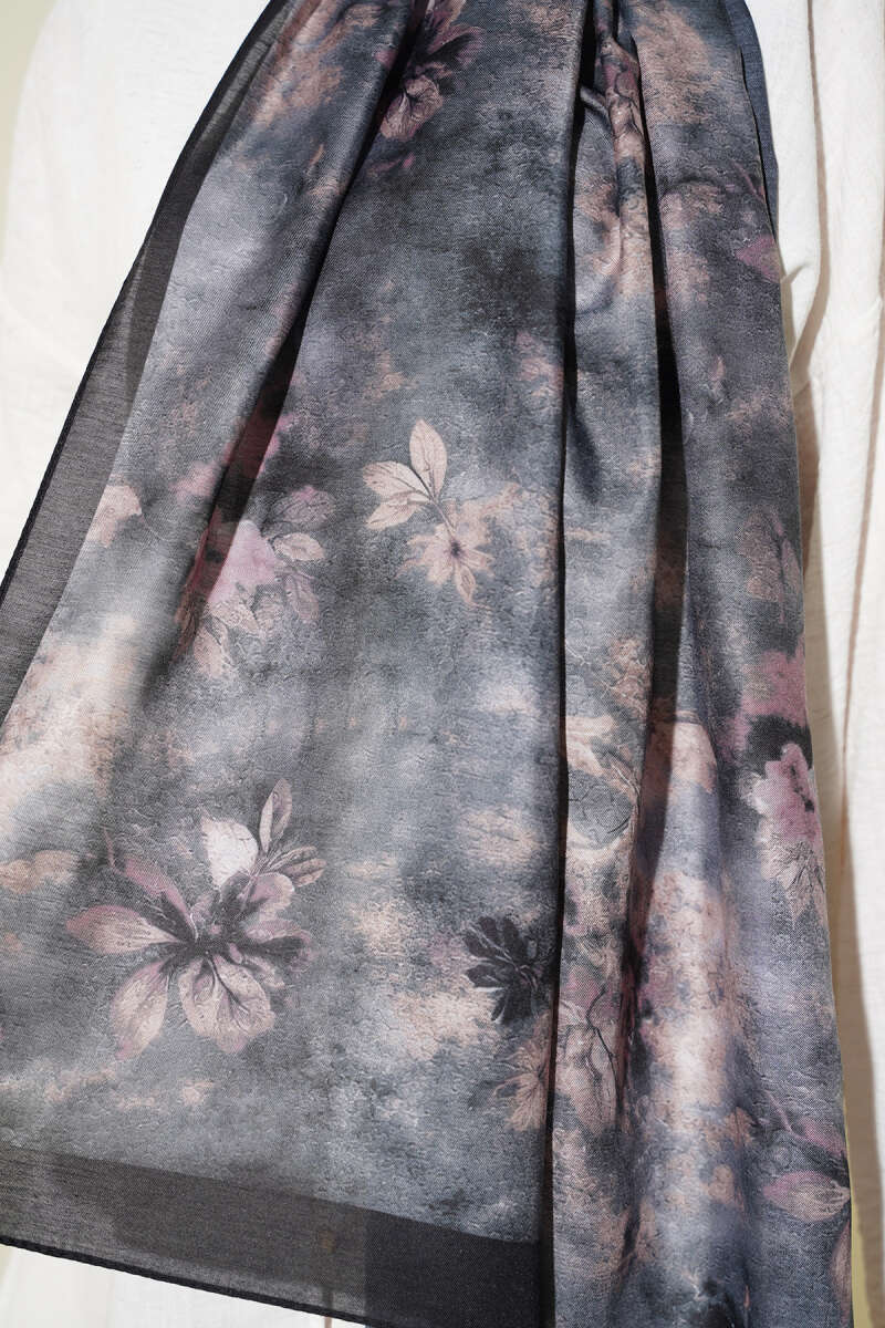 Floral Batik Desen Şal Siyah Bej