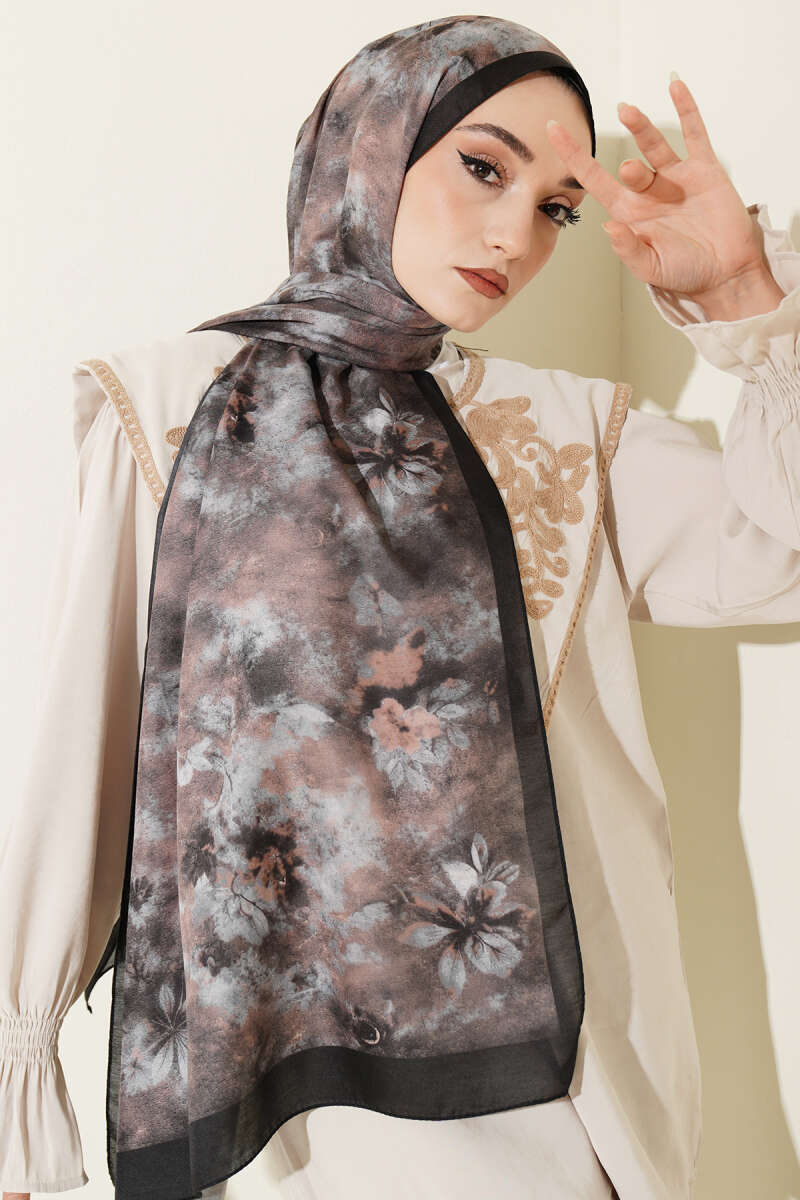 Floral Batik Desen Şal Siyah Gri