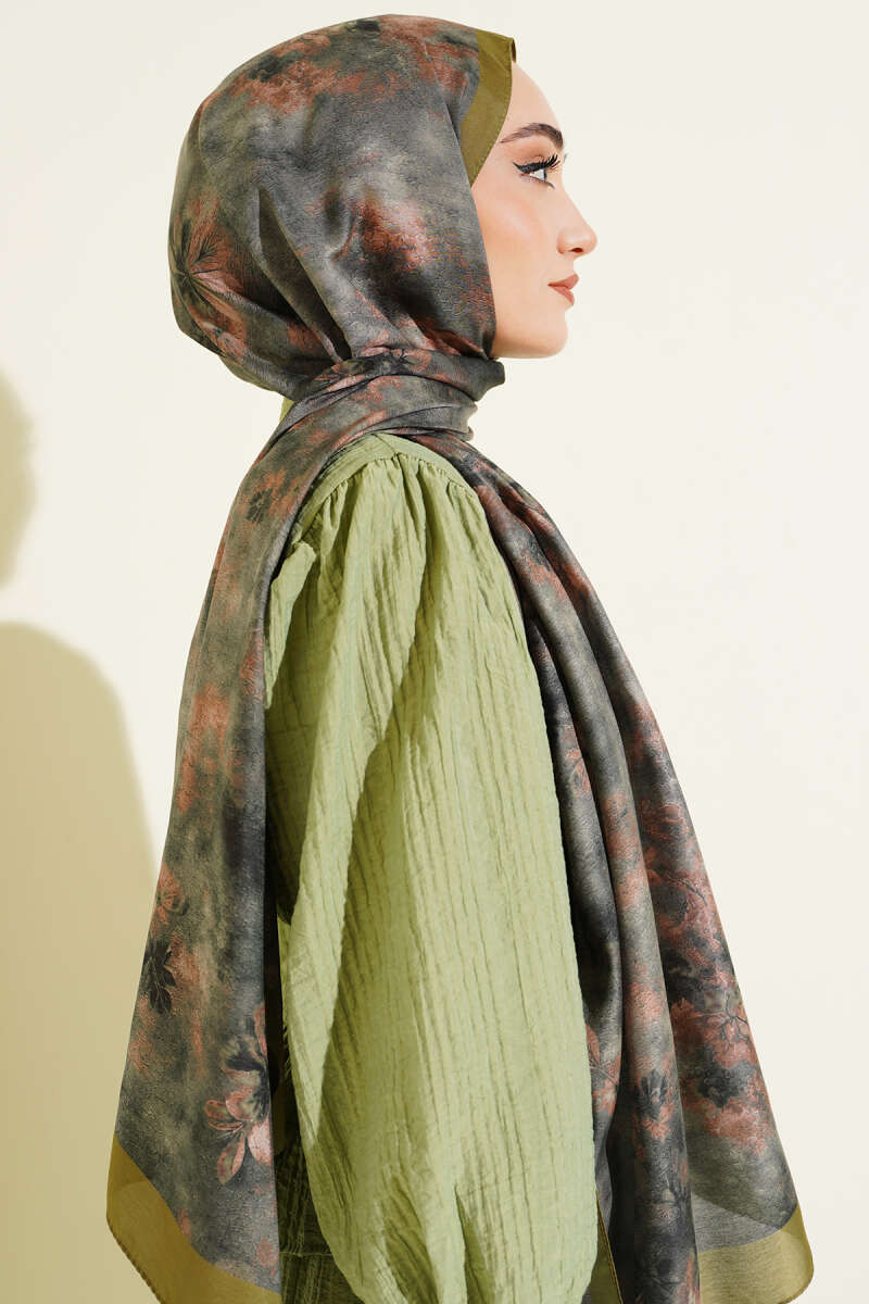 Floral Batik Desen Şal Zeytin Yeşili