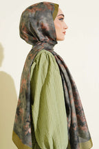 Floral Batik Desen Şal Zeytin Yeşili