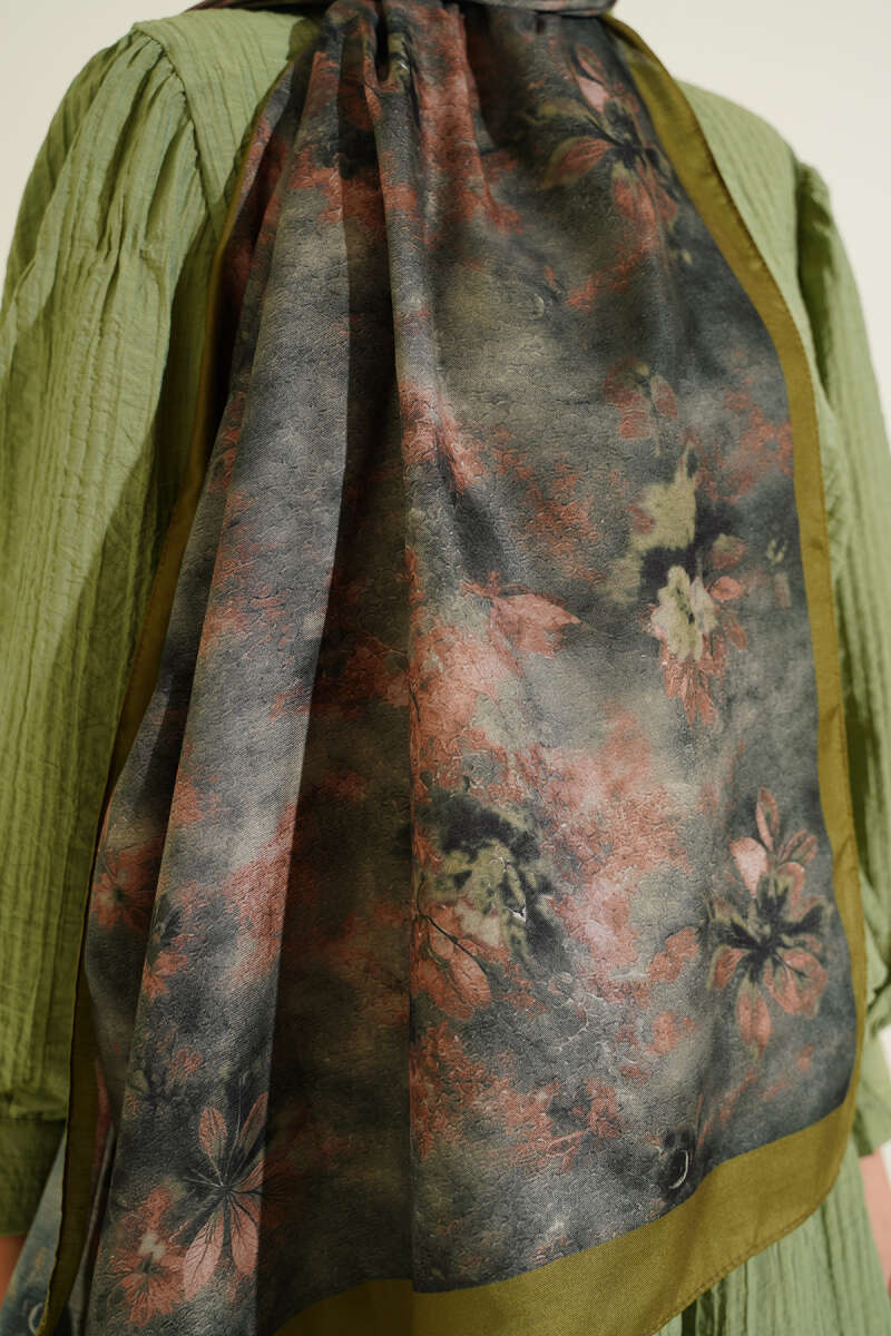 Floral Batik Desen Şal Zeytin Yeşili